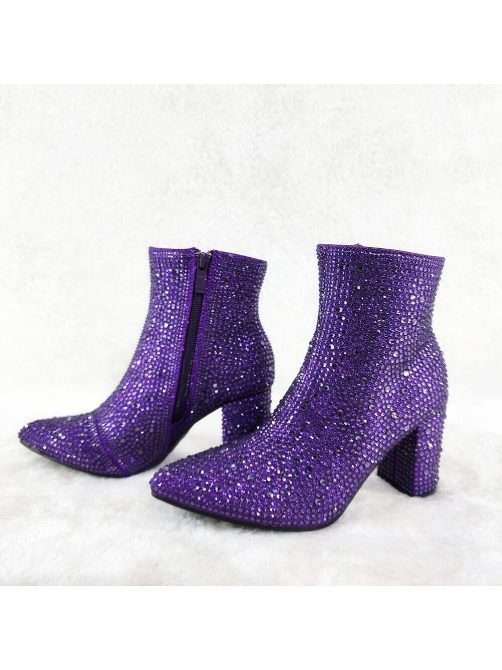 NIB Crystel Purple Rhinestone 3" Block Heel Ankle Boots Booties